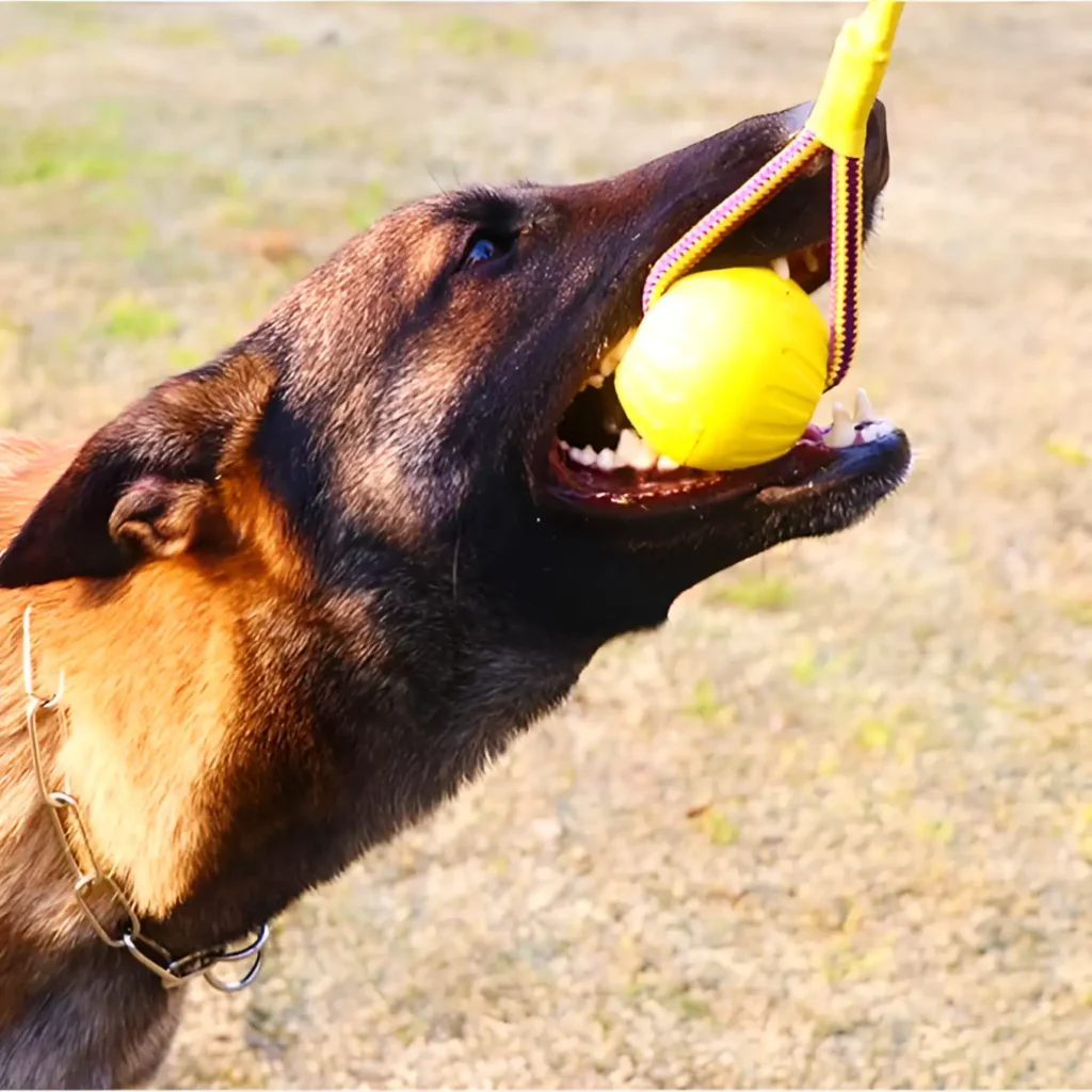 German Shepard holding yellow color chew toy in his mouth