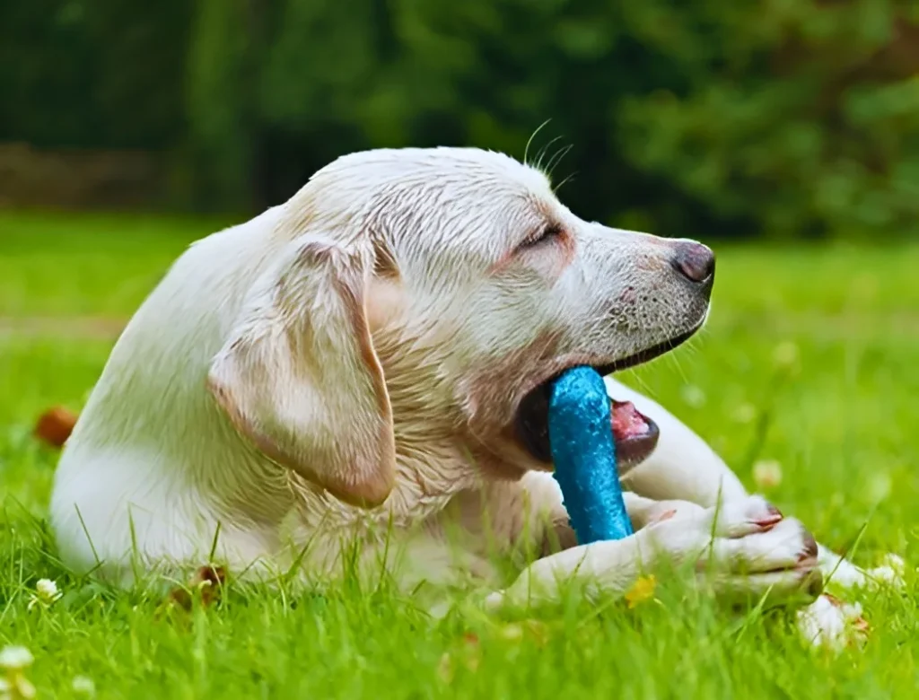 Labrador dog laying in the grass with a hard chew toy in its mouth