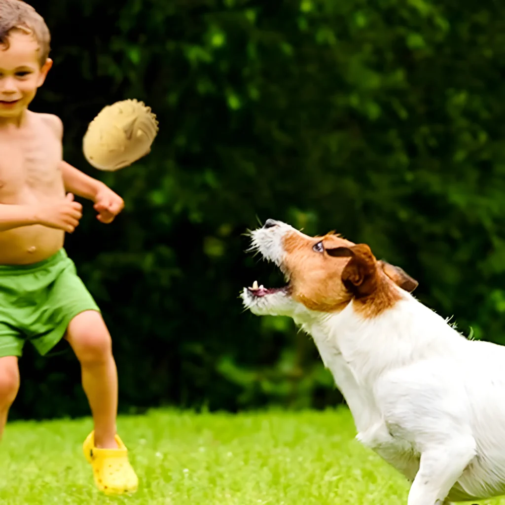 kid playing with his dog using dog toy