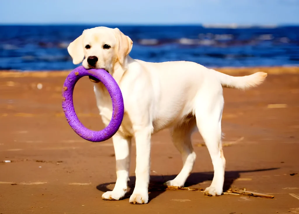 Labrador dog playing fetch with his purple  rubber ring