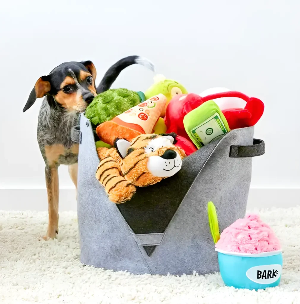 dog putting away his toys in the basket