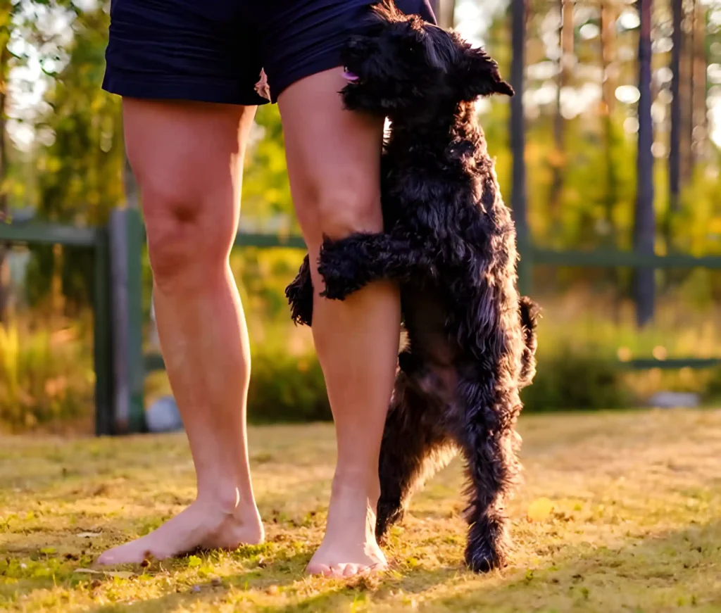 female toy poodle dog humping owners leg