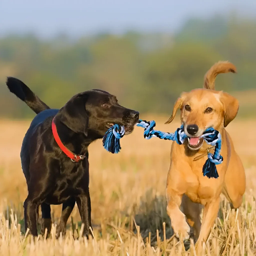 two dogs holding rope dog toy in their mouths