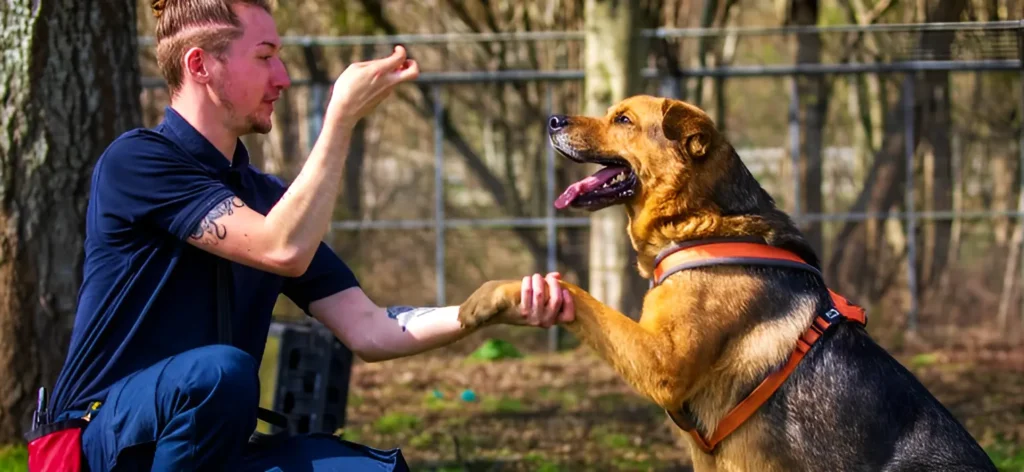 A man is teaching german shepherd certain commands 