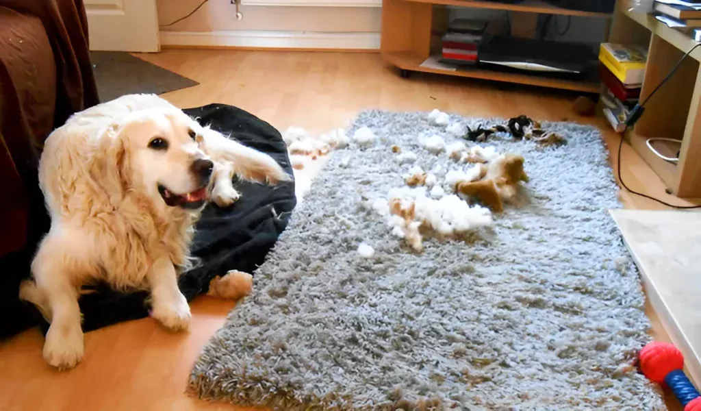 a dog sitting on a rug in a living room