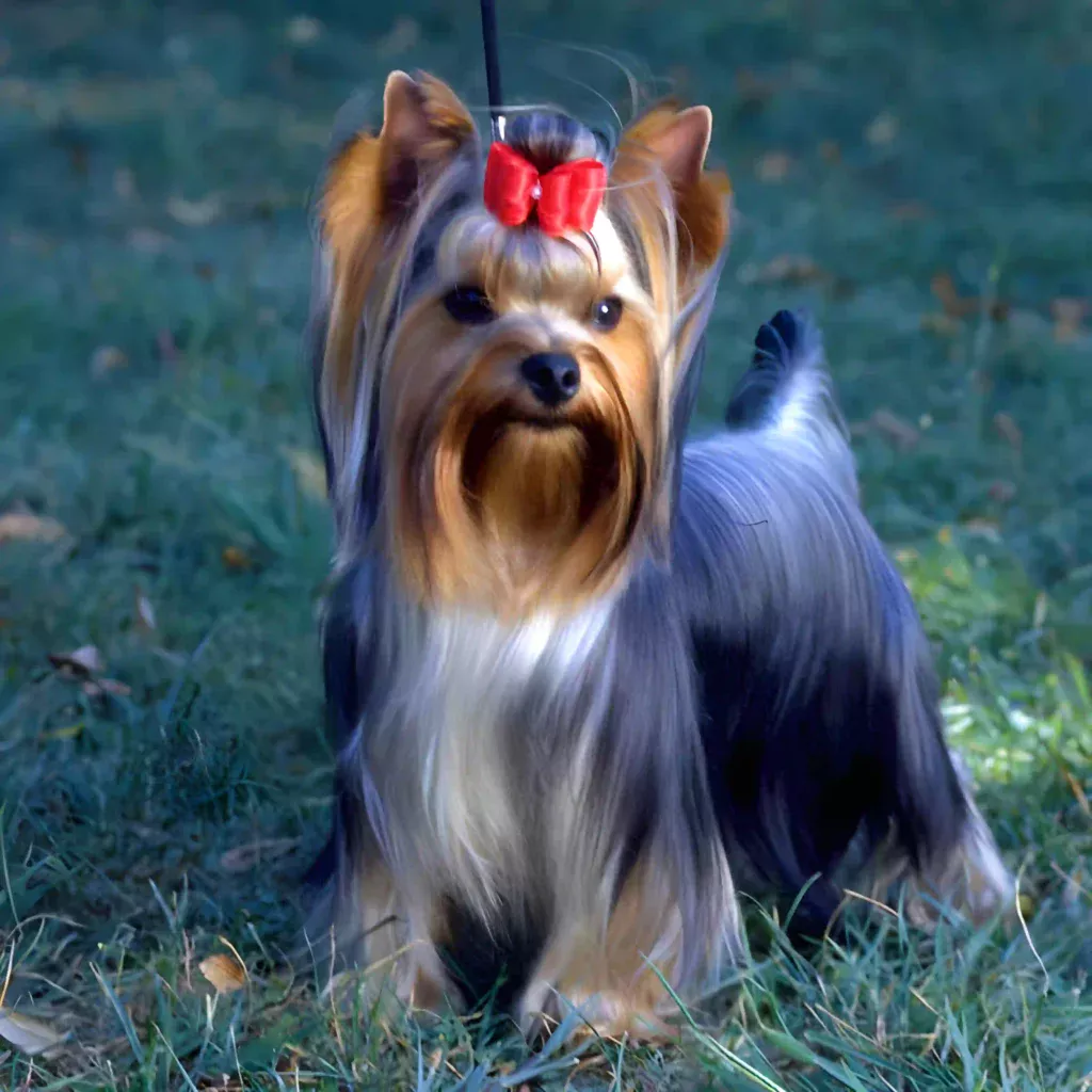 a small female Yorkshire dog with a red bow on its head at the play ground