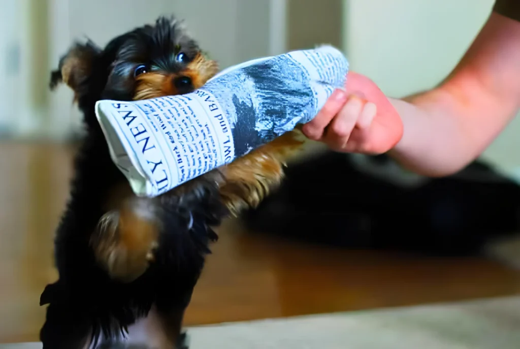 dog with newspaper squeaky toy