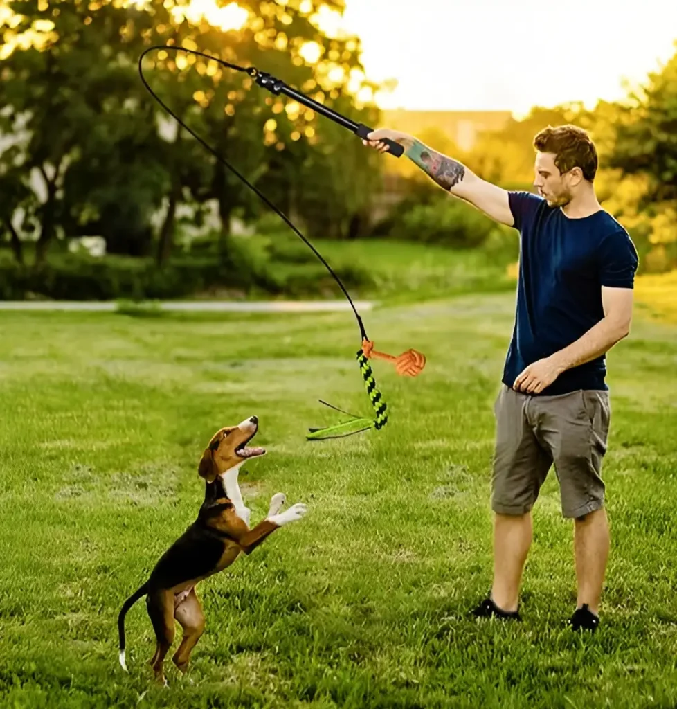 dog and his owner playing outside with rope toy 