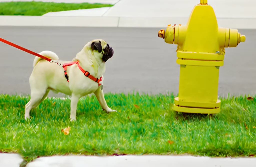 pug dog peeing on fire hydrant