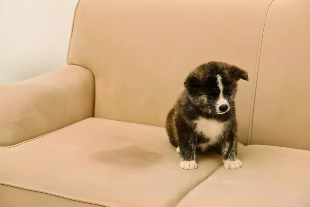 dog sitting on sofa has been peed  and now he's ashamed