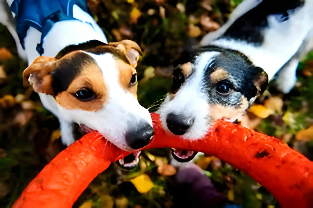 two dogs playing with ring chew toy 