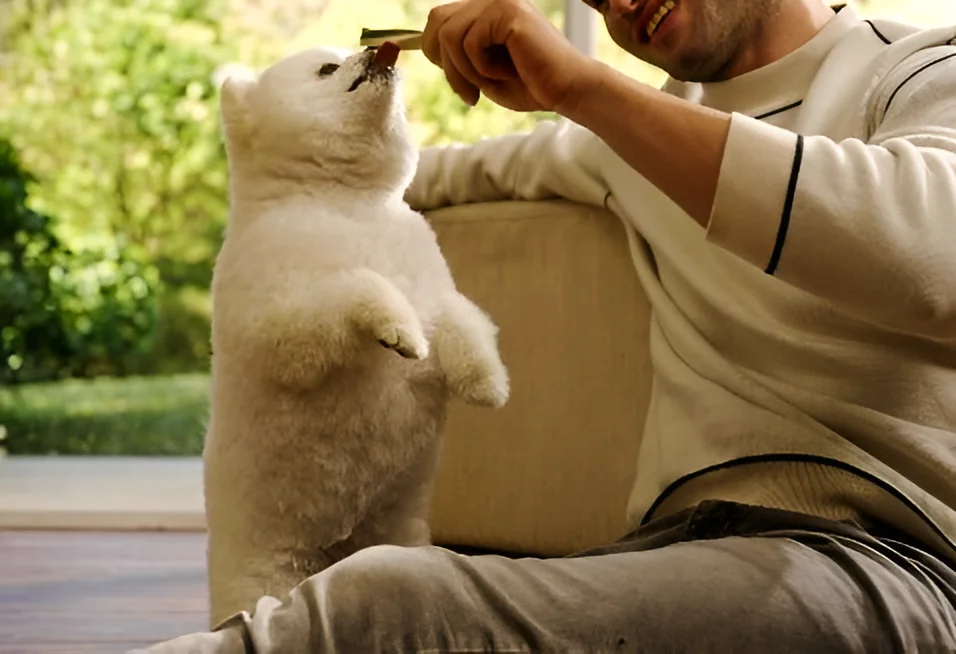 a man sitting on a couch feeding a dog